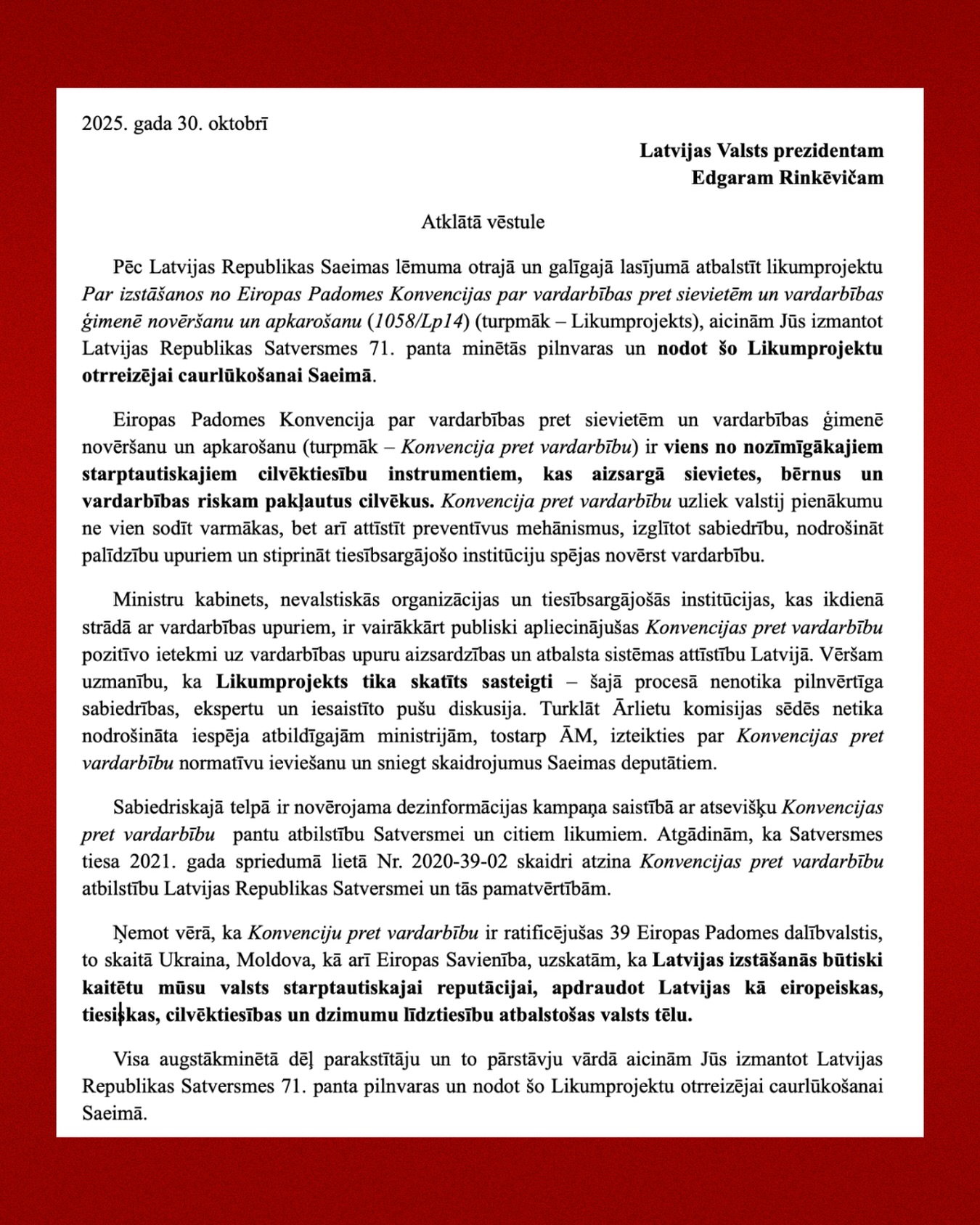 LKNVOA ir parakstījusi atklāto vēstuli LR Valsts prezidentam un aicina piedalīties protestā